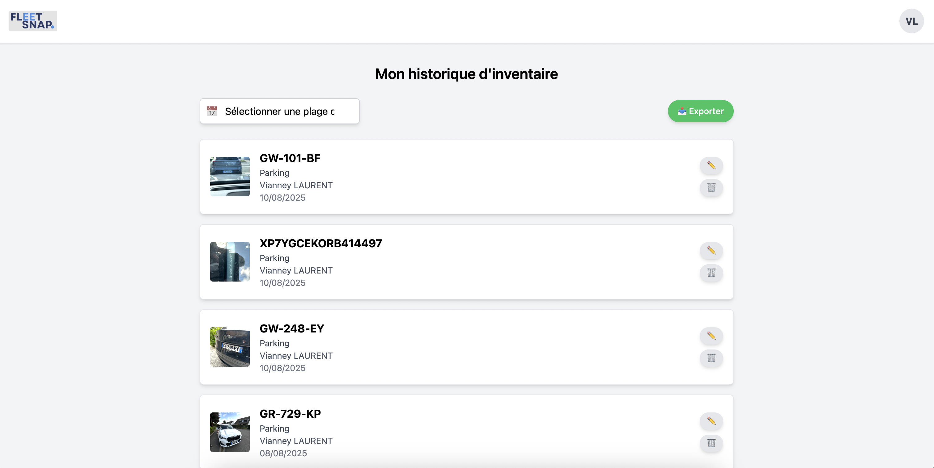 Historique des inventaires FleetSnap avec export CSV et gestion multi-collaborateurs - Version desktop