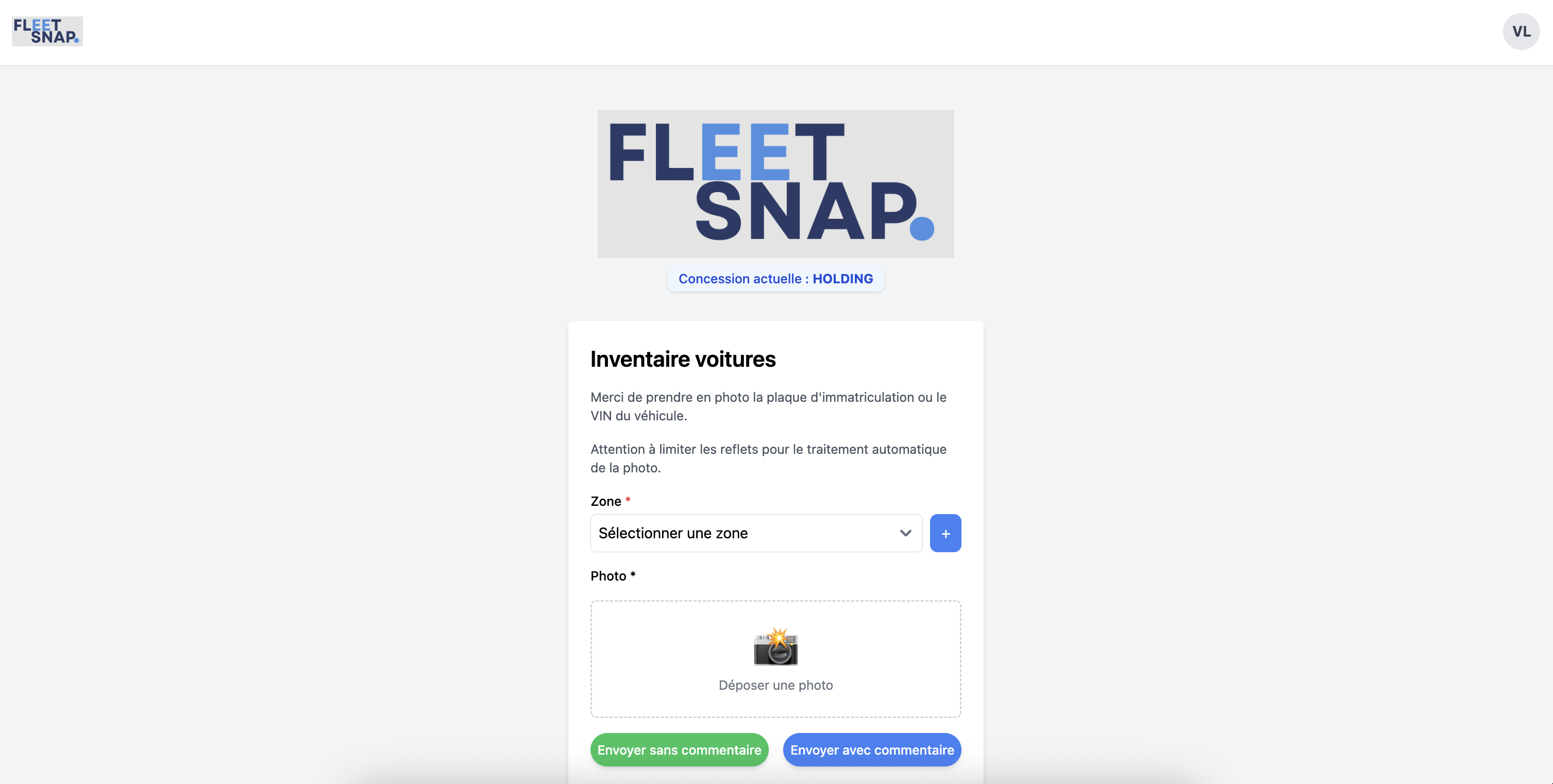Interface principale FleetSnap montrant la capture de plaque d'immatriculation par IA - Version desktop