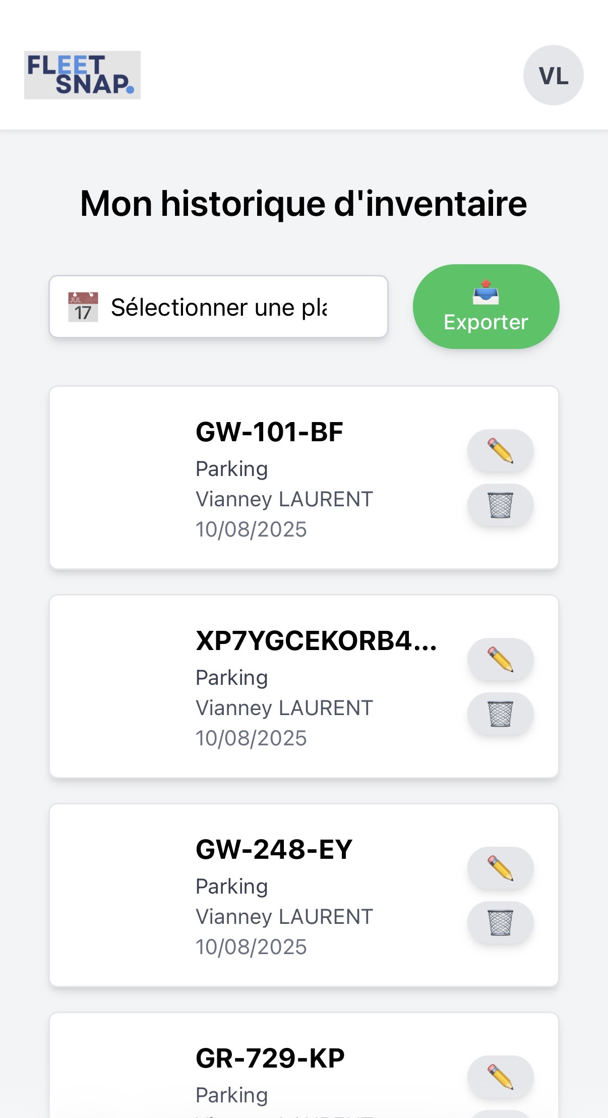 Historique des inventaires FleetSnap avec export CSV et gestion multi-collaborateurs - Version mobile