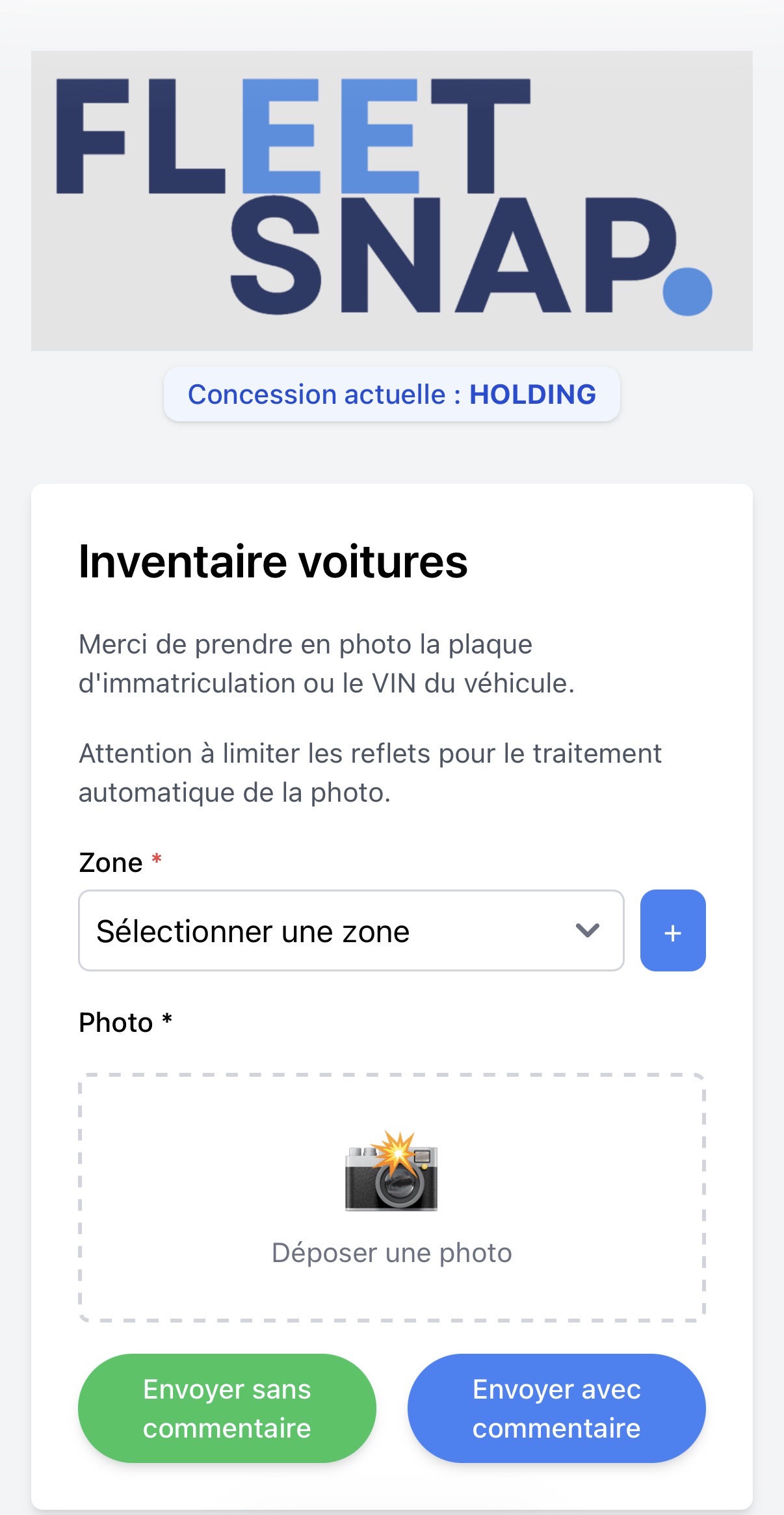 Interface principale FleetSnap montrant la capture de plaque d'immatriculation par IA - Version mobile